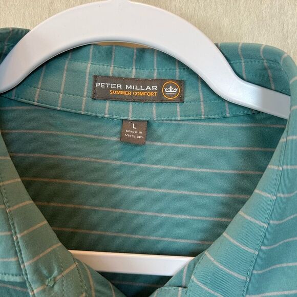 Peter Millar Crown Cool Striped Polo Shirt‎ Turquoise Blue White L - Picture 3 of 8